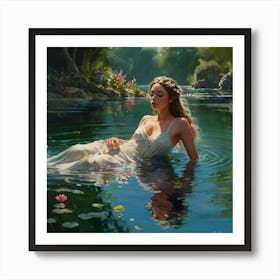 A gracefully floating water nymph, her delicate form surrounded by a tranquil garden of ethereal water blossoms. The petals of these flowers convey a range of emotions, shifting gently with the breeze that ripples through the crystal clear water. The aquatic stems showcase a vibrant array of colors, dazzling the eyes with their beauty. This captivating scene is depicted in a stunningly detailed painting, where every aspect is brought to life with rich and vibrant hues against green surroundings, crossing reality and illusion, highly detailed, cinematic scene, dramatic lighting, ultra realistic 7 Art Print