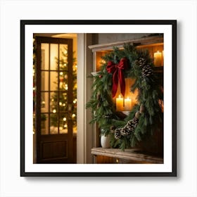 Closeup Capture Of A Decorated Shelf With A Festive Christmas Wreath Adjacent To A Warmly Lit Door Art Print