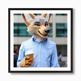 Blue shirt dog with coffee Art Print