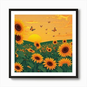 Sunflowers At Sunset Art Print