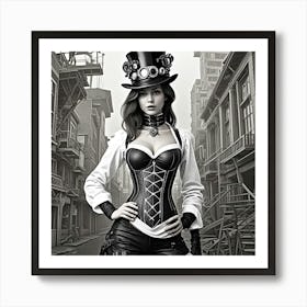 Steampunk Women's Fashion Monochrome Cubism Style Art Print