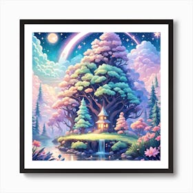 A Fantasy Forest With Twinkling Stars In Pastel Tone Square Composition 215 Art Print