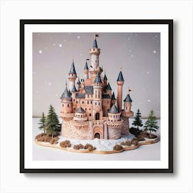 A detailed model of a fairytale castle made from paper, with snow falling. Art Print