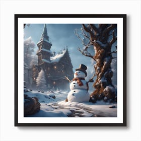 Snowman In The Forest Art Print