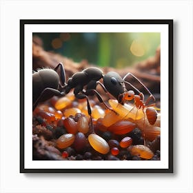 A Black Ant And Red Brown Ant Collecting Food 8 Poster