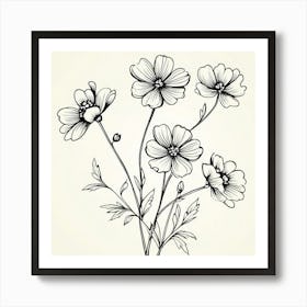 Flowers On A White Background, Single Line Drawing Of The Flowers Pattern , Black And White Flowers Art Print