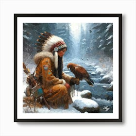 Native American Young Woman With Hawk Oil Texture 1 Art Print