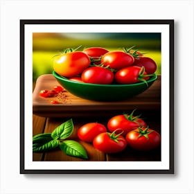 A Bowl Of Tomatoes On Table With A Beautiful Farm Poster