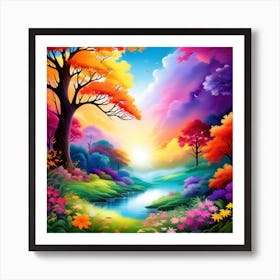 Colorful Landscape With Trees And Flowers Art Print