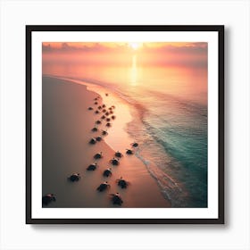 Turtles On The Beach At Sunset Art Print