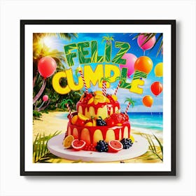 Feliz cumple and Feliz cumpleaños sign means Happy Birthday in Spanish language, Birthday party celebration gift with birthday cake candle colorful balloons best congratulation over light background wall artFeliz Cumple 65 Art Print