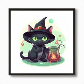 Cute Black Cat Witch Art Print