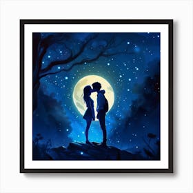 Boy And Girl Kissing   Young Love Under The Moonlight Art Print