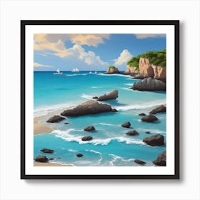 Rocky Beach With Sailboats Art Print