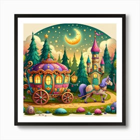 Playful Cartoon Style Illustration Of A Whimsical Caravan Journey Through A Magical Forest, Style Cartoon Illustration Art Print