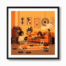 A man and woman relax on an orange couch, enjoying music from a vintage record player in a cozy setting. Art Print