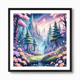 A Fantasy Forest With Twinkling Stars In Pastel Tone Square Composition 188 Art Print