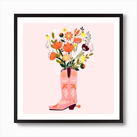 Pink Cowboy Boot And Flower Bouquet Square Art Print