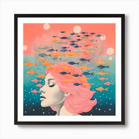 Risograph Style Surreal Woman & Fish, Candy Colours 5 Art Print