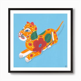 Tiger With Flowers On Blue Background Square Art Print