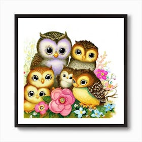 Cute Owls And Flowers Art Print