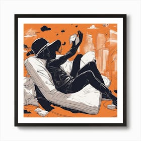 A Silhouette Of A Boy Wearing A Black Hat And Laying On Her Back On A Orange Screen, In The Style Of (2) Art Print