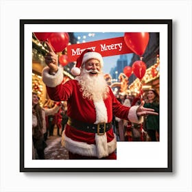 A Festive Christmas Scene With A Cheerful Man Dressed As Santa Claus Holding A Sign Fingers Pointin 2 1 Art Print