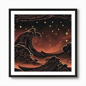 Epic Ocean Night Sky With Red Outlined Black Waves Art Print