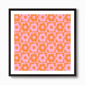 Floral Checker Orange Pink Square Art Print