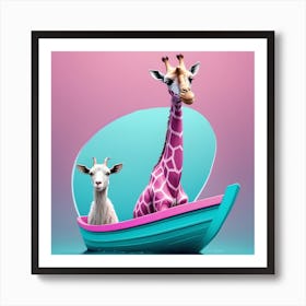 Goat And Pink Giraffe On A Boat Art Print