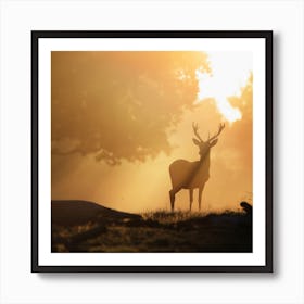 Deer Silhouette In Autumn Forest Art Print