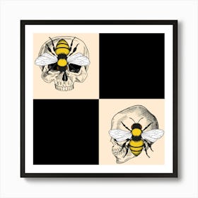 Skulls And Bees Gothic Horror Checkerboard Black Beige Yellow Art Print