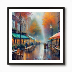 Amsterdam cafes, autumn season, rain, autumn oil colours.Faded colours,People passing on the street, winter clothes, rain umbrellas.16 Art Print