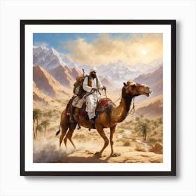 An artistic painting of a Muslim fighter riding a camel in a beautiful and picturesque scene Art Print