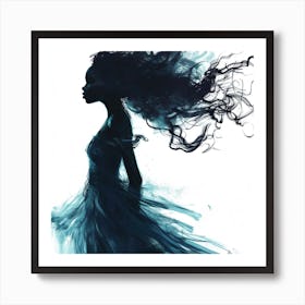 Silhouette Of A Woman In Blue Dress Art Print