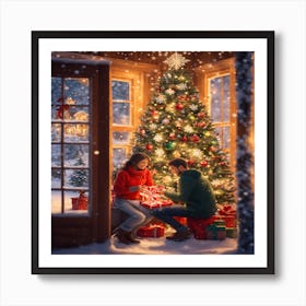 Couple Opening Christmas Gifts Art Print