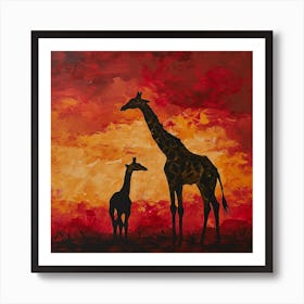 Giraffe & Calf In The Sunset Red Brushstrokes 4 Art Print