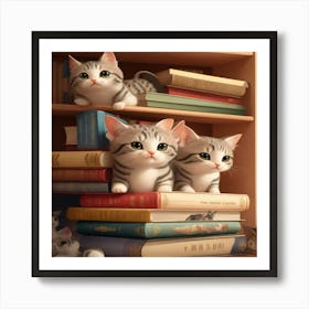 cats in bookcase Art Print