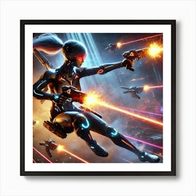 A Sci Fi Action Scene Showcasing Lyra Valen Dual Pistols Specialist Art Print