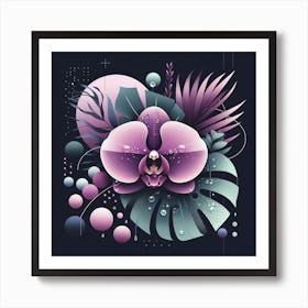 Scandinavian style, Purple orchid flower on tropical leaves 1 Art Print