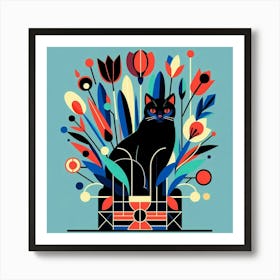 Black Cat In Flowers Art Print