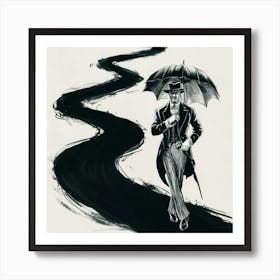 ine path. The man is dressed in a vintage ensemble, holding onto an old-fashioned umbrella. The path is shrouded in complete darkness, with only the faint silhouette of the man and the subtle outlines of the winding path visible. The ink lines are bold and dramatic, creating an atmosphere of mystery and suspense... Art Print