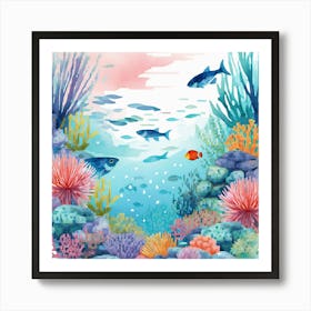 Peaceful Retreat Combine, Featuring Soft Watercolor Florals In Pastel Shades With C ,COLOR FISHES , SEA ART ,Seamless Pattern With Corals And Fish 2 Art Print