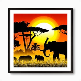 Silhouette Of Elephants At Sunset Art Print