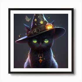 Black Cat In A Witch Hat Art Print