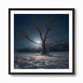 Moonlight On A Tree In A Snowy Field Photo Art Print