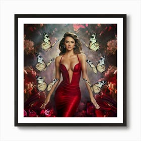 Butterfly In Red Dress Art Print