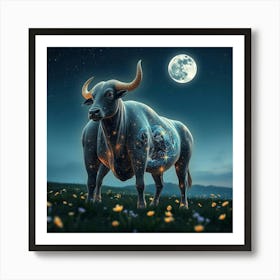 Bull In The Field At Night 4 Art Print