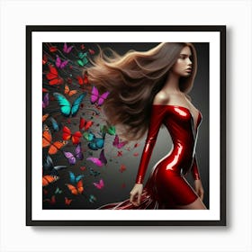 Beautiful Woman In Red Dress With Butterflies 3 Art Print