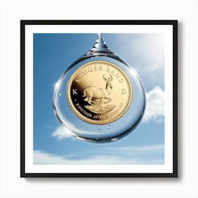 A Highly Detailed And Realistic Image Of A Single Kruger Rand Coin Suspended Within A Large, Transparent Raindrop Hovering In The Air Against A Bright Blue Sky With A Few Wispy White Clouds 4 Art Print